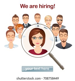 Staff research, concept of human resources management, professional, head hunter job with magnifying glass. Flat design, Vector illustration.