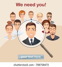 Staff research, concept of human resources management, professional, head hunter job with magnifying glass. Flat design, Vector illustration.