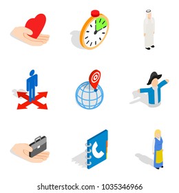 Staff resources icons set. Isometric set of 9 staff resources vector icons for web isolated on white background