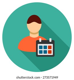 Staff schedule icon. Flat round button with long shadow.