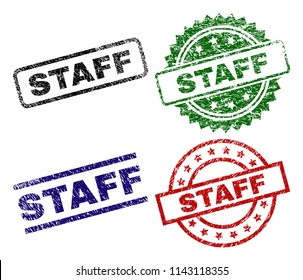 STAFF seal prints with corroded style. Black, green,red,blue vector rubber prints of STAFF title with grunge style. Rubber seals with circle, rectangle, rosette shapes.