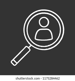 Staff searching chalk icon. Personnel hiring. Recruitment. Employment. Magnifying glass with person inside. Isolated vector chalkboard illustration