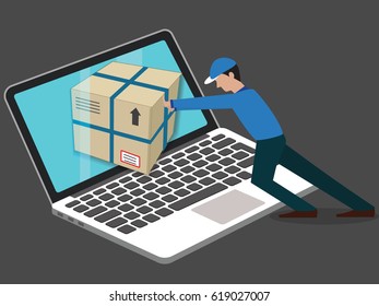 Staff send parcel pass laptop screen. vector style