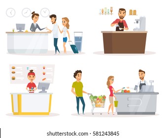 Staff set. Cashier, checkout counter and buyer pays purchase in supermarket. Fast food restaurant worker at cash register. Receptionist, guest at hotel reception desk. Barista in apron in coffee shop