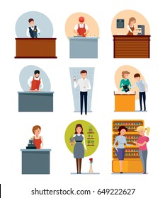 Staff set of sellers. Bartender, fast food employee, butcher, seller of coffee, jewelry, flowers, perfume and cell phones, cashier. Modern vector illustration isolated on white background.