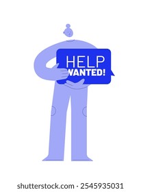 Staff shortage concept. Minimal vector illustration for recruiting problem. Person searching for waiters with text help wanted. Labor and personell crisis concept.