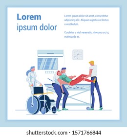 Staff, Taking Care Fainting Patient In Emergency Department. Nurse With Wheelchair. Busy Day For Health Care Assistants. Unconscious Man With Low Pulse Rate. Banner With Copy Space For Your Text.