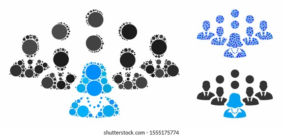 Staff team composition of round dots in various sizes and color tints, based on staff team icon. Vector dots are combined into blue composition. Dotted staff team icon in usual and blue versions.
