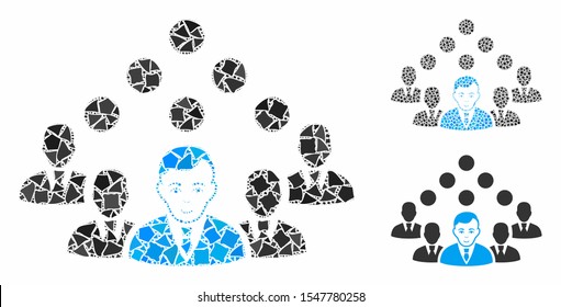 Staff team mosaic of bumpy pieces in different sizes and color tints, based on staff team icon. Vector unequal pieces are composed into mosaic. Staff team icons collage with dotted pattern.