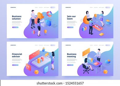 Staff teamwork isometric landing page templates set. Business solution, financial advisor, staff communication homepage design. Company employees working in team cartoon characters