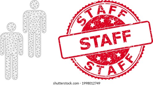 Staff textured stamp seal and vector persons mesh structure. Red stamp seal contains Staff text inside. Abstract flat mesh persons, built from flat mesh.
