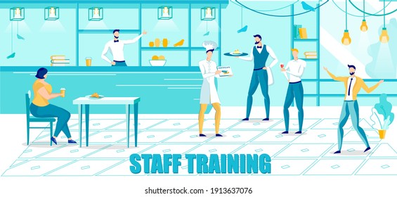 Staff Training according to Brand Demands for Franchise Business. Corporate Ethics, Rules and Requirements for Provided Services Level. People on Restaurant Backdrop. Flat Vector Illustration.