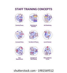 Staff training concept icons set. Employee development idea thin line RGB color illustrations. Evening classes. Time requirement. Interest loss. Vector isolated outline drawings. Editable stroke