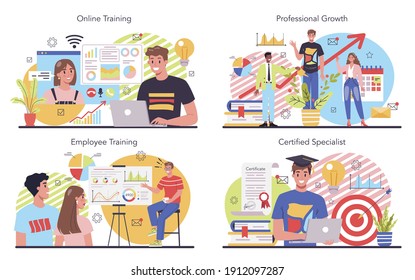 Staff training concept set. Business personnel management and empolyee growth. Professional tuition, business school. Online business training. Isolated flat vector illustration