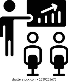 Concepto de formación y desarrollo del personal, símbolo hrm sobre fondo blanco, Administrador que presenta el diseño de iconos de glifos vectores de crecimiento,