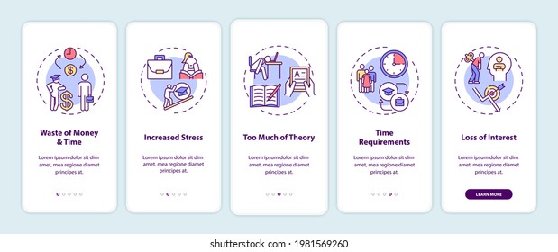 Staff training disadvantages onboarding mobile app page screen with concepts. Money wasting, too much theory walkthrough 5 steps graphic instructions. UI vector template with RGB color illustrations