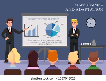 Staff Training Flat Vector Web Banner with Text. New Employees Adaptation. Office Workers at Meeting. Colleagues Characters. Corporate Education. Boss Pointing at Whiteboard. Business Presentation