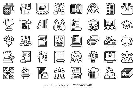Los iconos de entrenamiento del personal establecen el vector de contorno. Equipo de trabajo. Empresarios