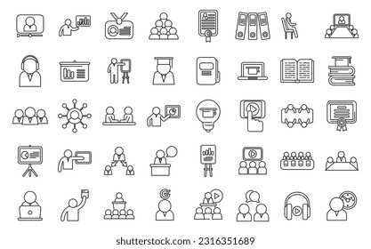 Staff training icons set outline vector. Work team. People training