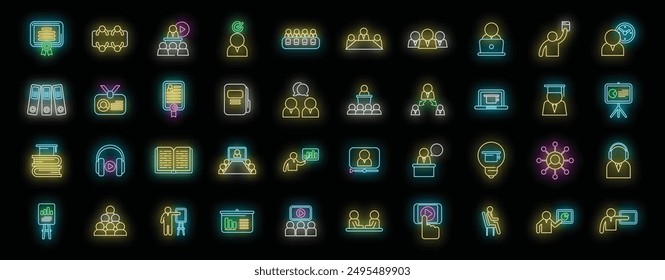 Staff training icons set outline vector. Work team. People training neon color on black