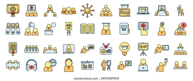 Staff training icons set outline vector. Work team. People training thin line color flat on white