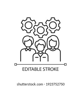 Staff training linear icon. Workshop icon. Group of people generating brilliant ideas. Thin line customizable illustration. Contour symbol. Vector isolated outline drawing. Editable stroke