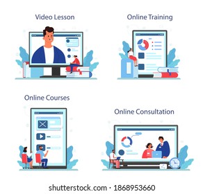 Formación del personal en línea o conjunto de plataformas. Gestión del personal empresarial e instrucción profesional. Consulta en línea, entrenamiento, curso, video lección. Ilustración vectorial plana aislada