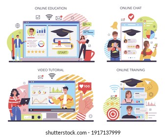 Staff Training Online Service Or Platform Set. Business Personnel Management And Empolyee Growth. Business School. Online Education, Chat, Training, Video Tutorial. Isolated Flat Vector Illustration