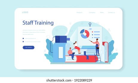 Staff training web banner or landing page. Business personnel management and empolyee instruction. Human resources tuition, business school. Isolated flat vector illustration