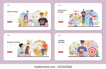 Staff training web banner or landing page set. Business personnel management and empolyee growth. Professional tuition, business school. Online business training. Isolated flat vector illustration