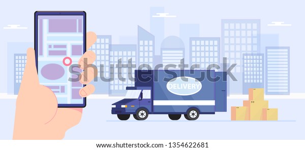 Staff and transport.\
Service delivery and logistics with phone app. Find tracking the\
van. Flat vector