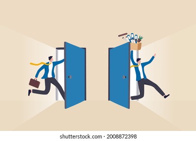 Staff turnover or job rotation in people management, human resources to manage to recruit new people for replacement concept, businessman new hire entering office while other resigned for new job.