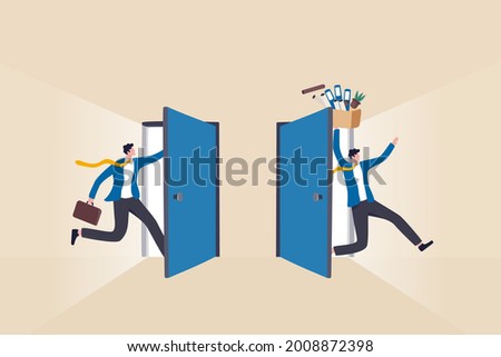 Staff turnover or job rotation in people management, human resources to manage to recruit new people for replacement concept, businessman new hire entering office while other resigned for new job. Foto stock © 