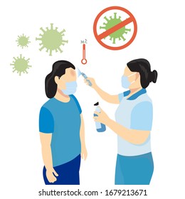 Staff using thermometer digital scan fever people and give alcohol gel for prevent outbreak of coronavirus, Vector flat illustration