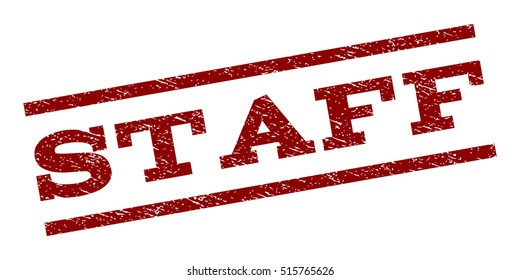 Staff watermark stamp. Text tag between parallel lines with grunge design style. Rubber seal stamp with scratched texture. Vector dark red color ink imprint on a white background.