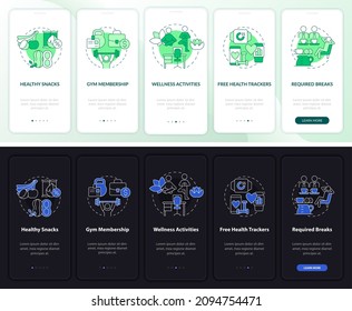 Staff Wellbeing Perks Onboarding Mobile App Page Screen. Walkthrough 5 Steps Graphic Instructions With Linear Concepts. UI, UX, GUI Template. Night And Day Mode. Myriad Pro-Bold, Regular Fonts Used
