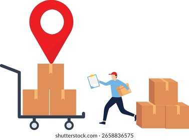 Personal que trabaja en almacenamiento logístico. Trabajador de almacén de dibujos animados y cargador que toma cajas de paletas de carga en el almacén. Servicio de entrega y concepto interior de almacén. Ilustración vectorial plana.

