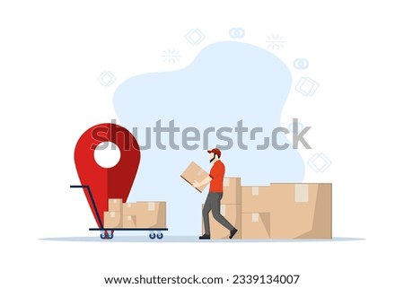 Staff working in logistics storage. Cartoon warehouse worker and loader taking boxes from cargo pallets in warehouse. Delivery service and warehouse interior concept. Flat Vector illustration.