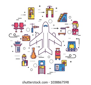Staff working and registering people and luggage in the airport design.  Registration line vector illustration concept
