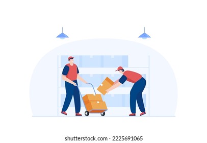 Staff working in warehouse Male worker arranging boxes on trolley. Vector illustration