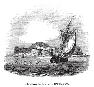 Staffa in Argyll and Bute, Scotland, during the 1890s, vintage engraving. Old engraved illustration of Staffa with running ships in front and island in back.  Trousset encyclopedia (1886 - 1891).