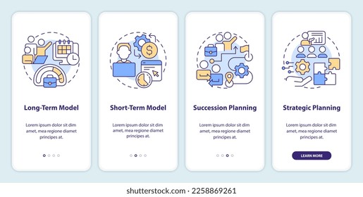 IT staffing models onboarding mobile app screen. Hiring walkthrough 4 steps editable graphic instructions with linear concepts. UI, UX, GUI template. Myriad Pro-Bold, Regular fonts used