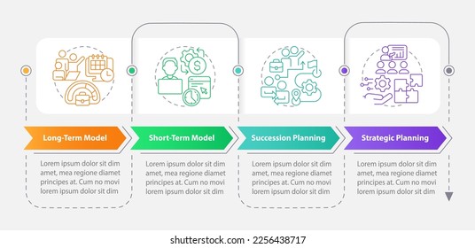 IT staffing models rectangle infographic template. Hiring. Data visualization with 4 steps. Editable timeline info chart. Workflow layout with line icons. Myriad Pro-Bold, Regular fonts used