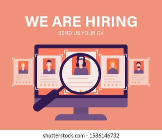 Staffing And Recruiting Business Concept With Magnifying Glass And Employee Candidates Illustration