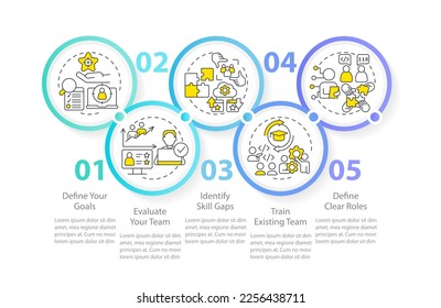 IT staffing tips blue circle infographic template. Hiring process. Data visualization with 5 steps. Editable timeline info chart. Workflow layout with line icons. Myriad Pro-Regular font used