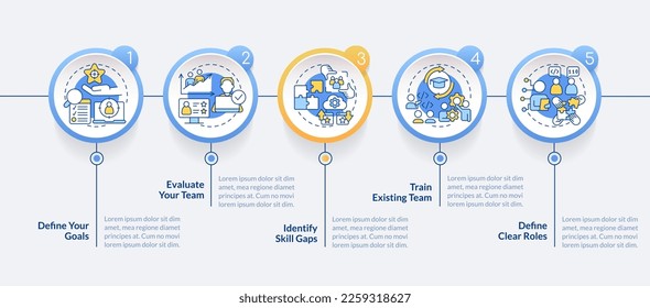 IT staffing tips circle infographic template. Hiring process. Data visualization with 5 steps. Editable timeline info chart. Workflow layout with line icons. Lato-Bold, Regular fonts used
