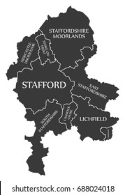 Staffordshire county England UK black map with white labels illustration