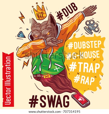 Staffordshire terrier rap gangster. Swag pitbull holds gold chain in hands. Dog hipster. Pitbull rapper. Element of banner design, billboards, advertisements, poster, album covers. Vector illustration