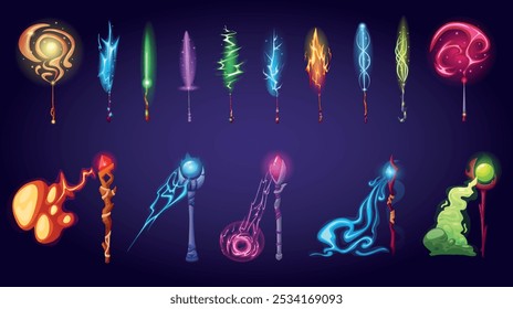 Staffs and wands light effects. Magic sticks attacks with glowing splashes. Fairy tale game tools for magicians or witch, nowaday vector clipart