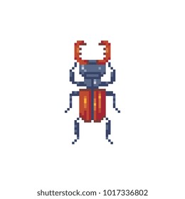Stag beetle bug icon isolated vector illustration. Video game assets. Pixel art 8-bit sprite. Sticker, logo and embroidery design.